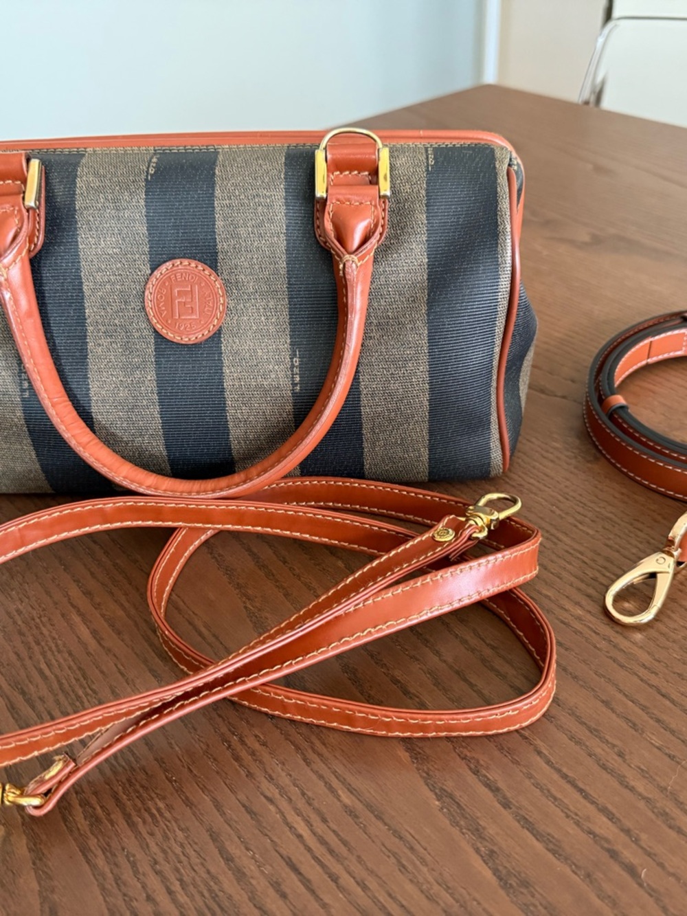 Fendi Brown and Black Striped Canvas Shoulder Bag with Tan Leather Trim - Picture 10 of 16